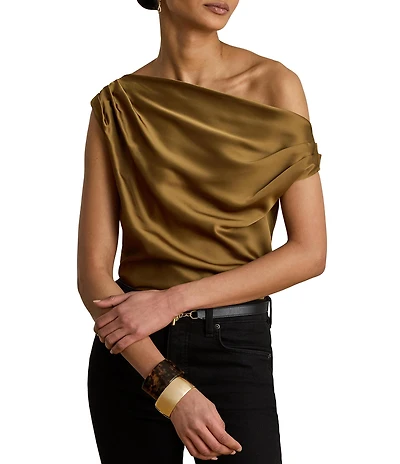 Lauren Ralph Lauren Woven Satin Charmeuse Off the Shoulder Neck Short Sleeve Blouse