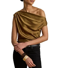 Lauren Ralph Lauren Woven Satin Charmeuse Off the Shoulder Neck Short Sleeve Blouse