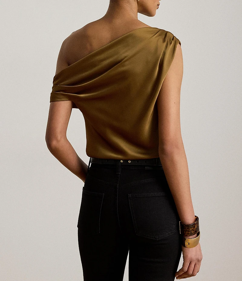 Lauren Ralph Lauren Woven Satin Charmeuse Off the Shoulder Neck Short Sleeve Blouse