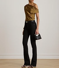 Lauren Ralph Lauren Woven Satin Charmeuse Off the Shoulder Neck Short Sleeve Blouse