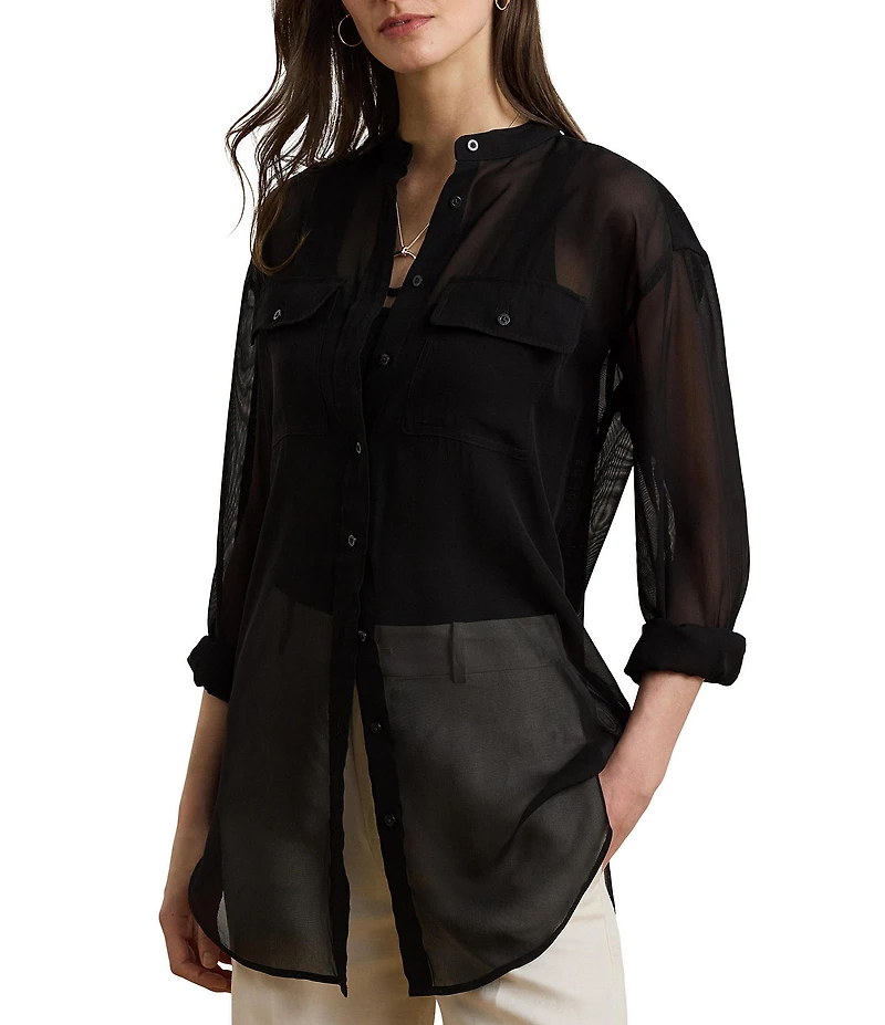 Lauren Ralph Lauren Woven Shadow Stripe Banded Collar Long Sleeve Shirt