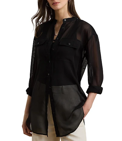 Lauren Ralph Lauren Woven Shadow Stripe Banded Collar Long Sleeve Shirt