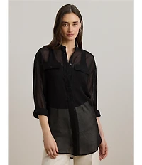 Lauren Ralph Lauren Woven Shadow Stripe Banded Collar Long Sleeve Shirt
