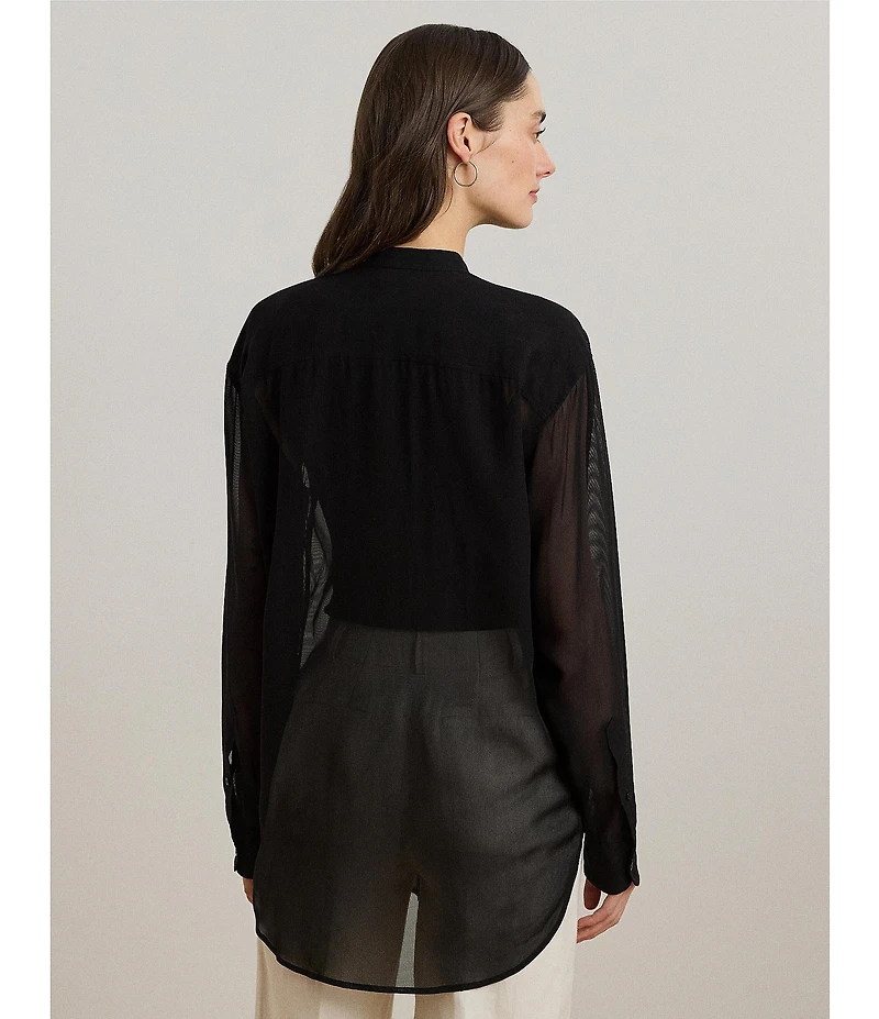 Lauren Ralph Lauren Woven Shadow Stripe Banded Collar Long Sleeve Shirt