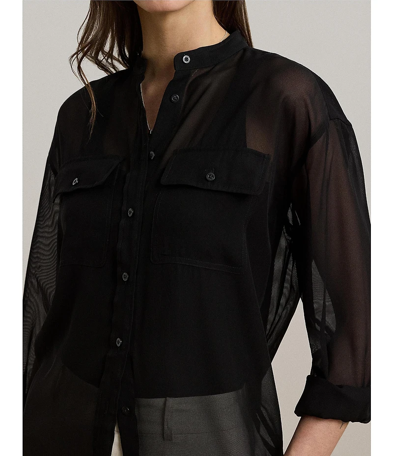 Lauren Ralph Lauren Woven Shadow Stripe Banded Collar Long Sleeve Shirt