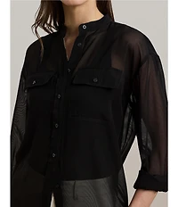 Lauren Ralph Lauren Woven Shadow Stripe Banded Collar Long Sleeve Shirt