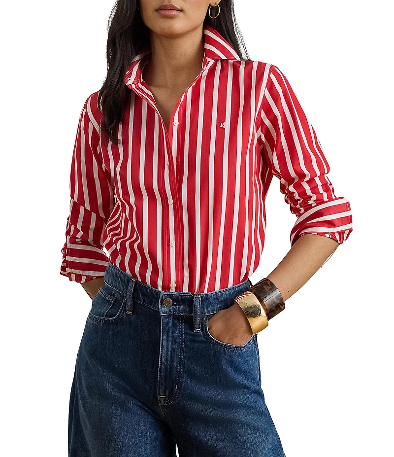 Lauren Ralph Lauren Woven Stripe Point Collar Long Sleeve Button Front Shirt
