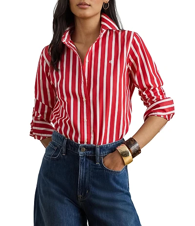 Lauren Ralph Lauren Woven Stripe Point Collar Long Sleeve Button Front Shirt