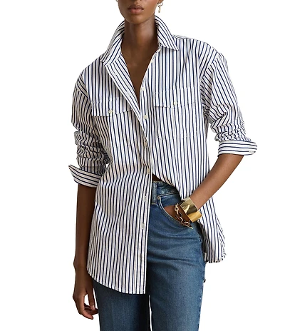 Lauren Ralph Lauren Woven Stripe Point Collar Long Sleeve Shirt