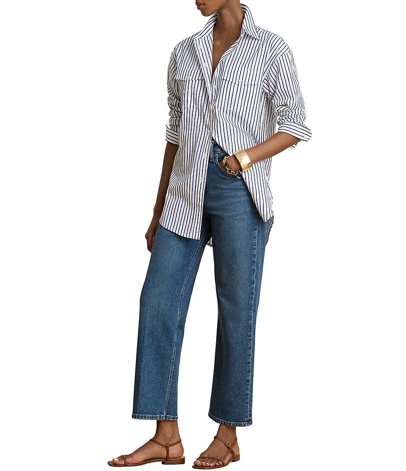 Lauren Ralph Lauren Woven Stripe Point Collar Long Sleeve Shirt