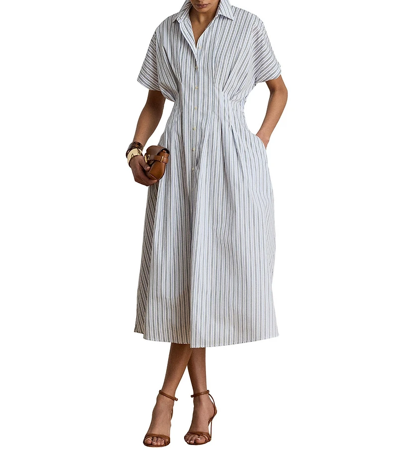 Lauren Ralph Lauren Woven Stripe Point Collar Short Sleeve Fit-And-Flare Shirt Dress
