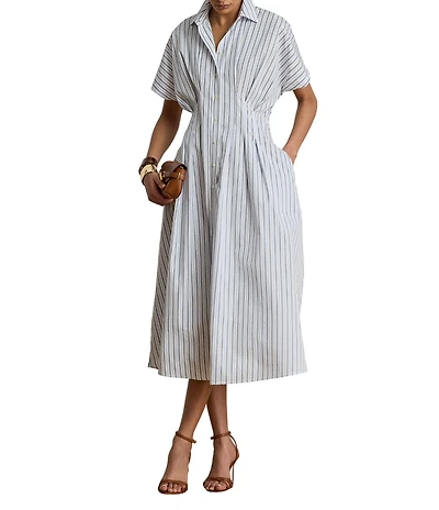Lauren Ralph Lauren Woven Stripe Point Collar Short Sleeve Fit-And-Flare Shirt Dress