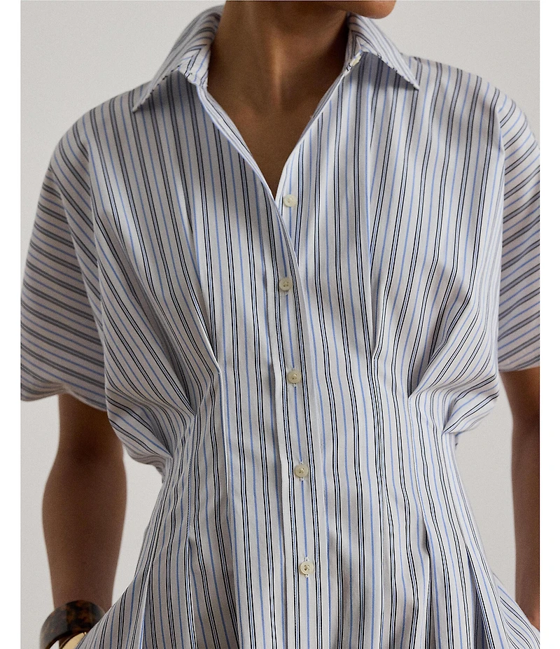 Lauren Ralph Lauren Woven Stripe Point Collar Short Sleeve Fit-And-Flare Shirt Dress