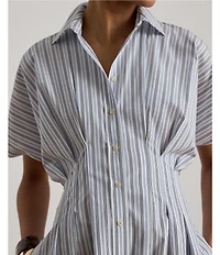 Lauren Ralph Lauren Woven Stripe Point Collar Short Sleeve Fit-And-Flare Shirt Dress