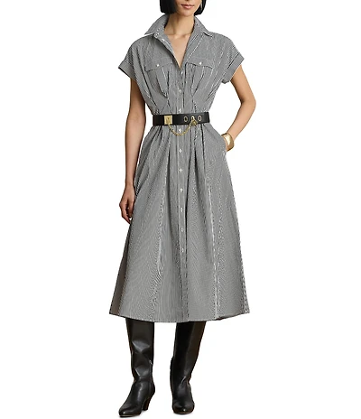 Lauren Ralph Lauren Woven Stripe Point Collar Short Sleeve Pleated A-Line Shirt Dress