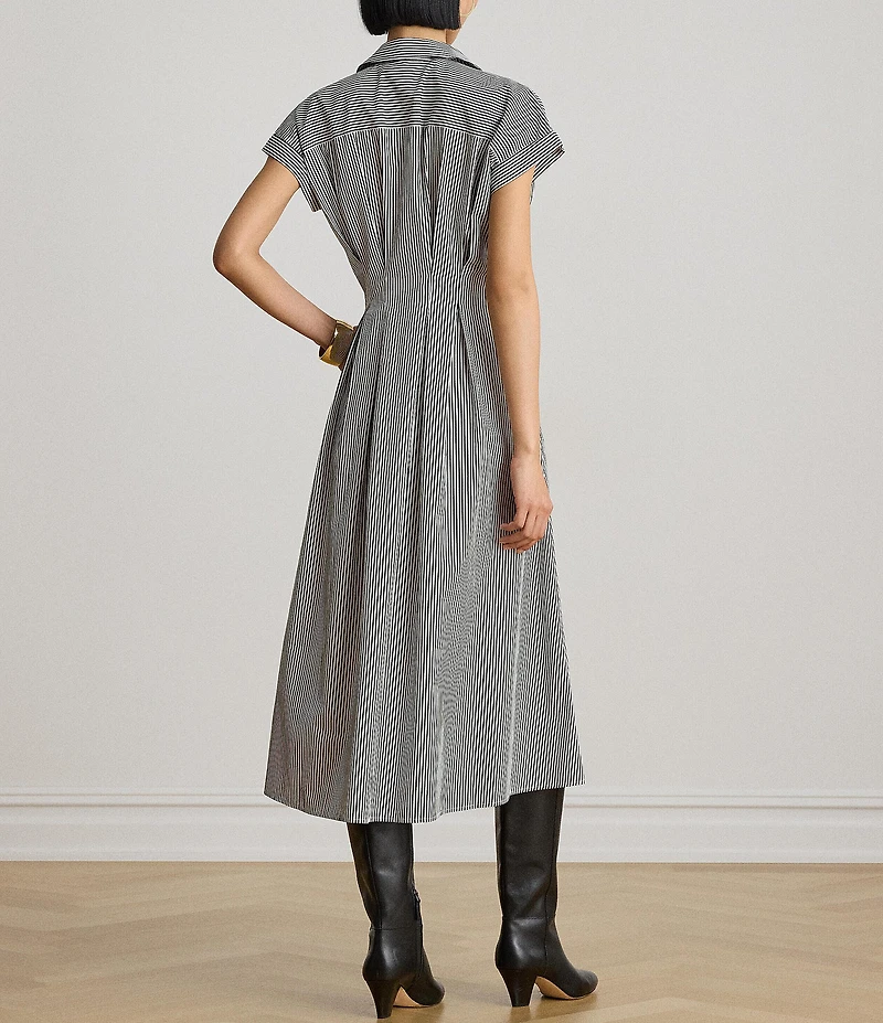 Lauren Ralph Lauren Woven Stripe Point Collar Short Sleeve Pleated A-Line Shirt Dress