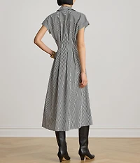 Lauren Ralph Lauren Woven Stripe Point Collar Short Sleeve Pleated A-Line Shirt Dress