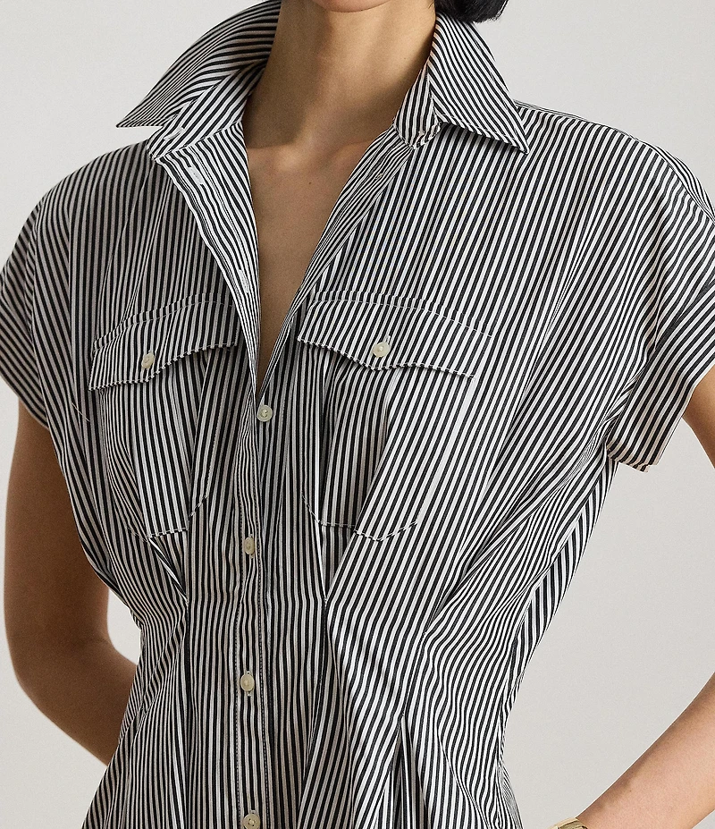 Lauren Ralph Lauren Woven Stripe Point Collar Short Sleeve Pleated A-Line Shirt Dress