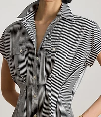 Lauren Ralph Lauren Woven Stripe Point Collar Short Sleeve Pleated A-Line Shirt Dress