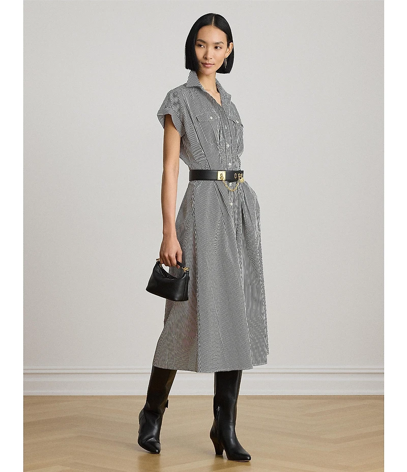 Lauren Ralph Lauren Woven Stripe Point Collar Short Sleeve Pleated A-Line Shirt Dress