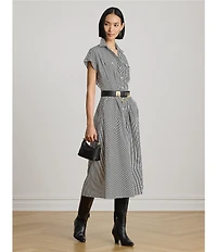 Lauren Ralph Lauren Woven Stripe Point Collar Short Sleeve Pleated A-Line Shirt Dress