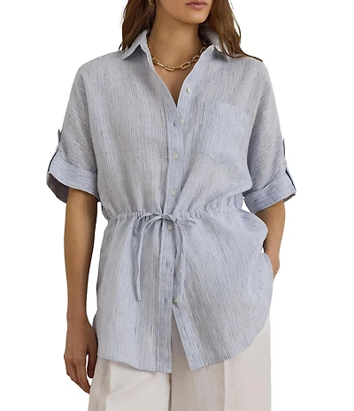 Lauren Ralph Lauren Woven Stripe Point Collar Short Sleeve Shirt