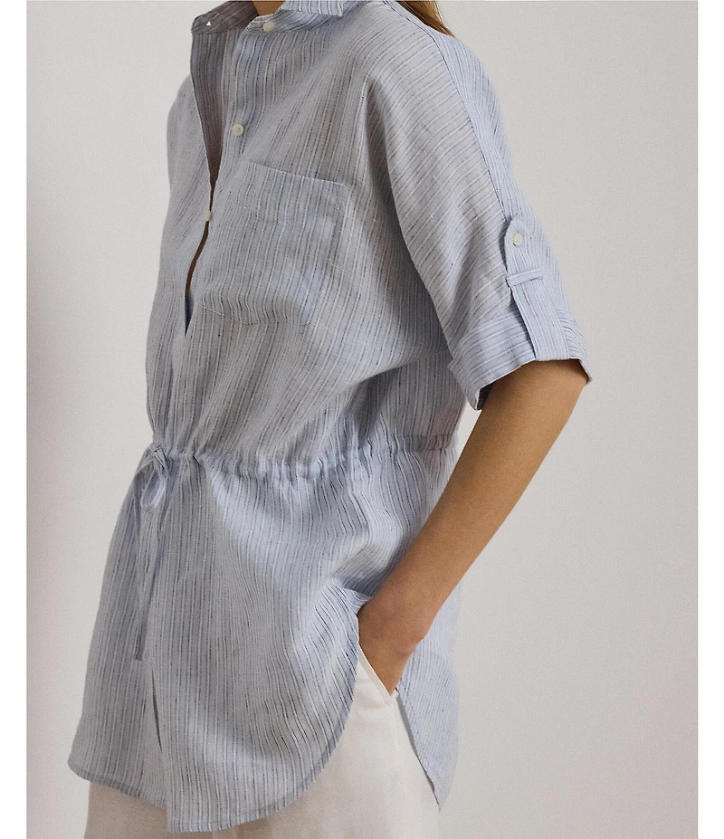 Lauren Ralph Lauren Woven Stripe Point Collar Short Sleeve Shirt