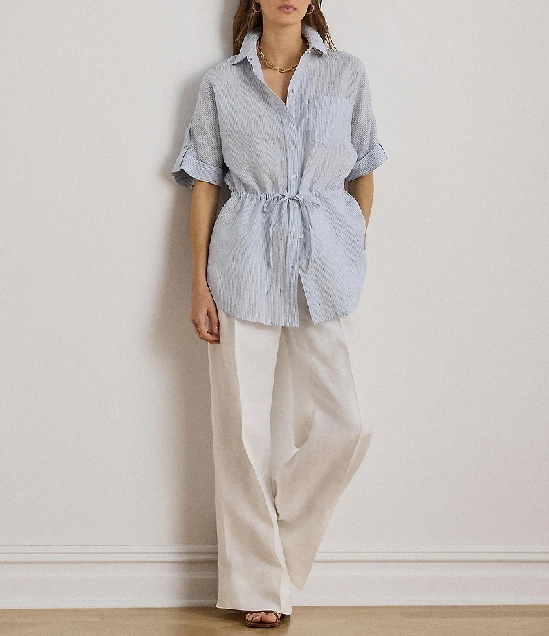 Lauren Ralph Lauren Woven Stripe Point Collar Short Sleeve Shirt