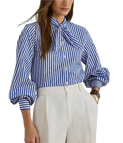 Lauren Ralph Lauren Woven Stripe Self-Tie Collar Long Sleeve Button Front Shirt