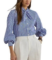 Lauren Ralph Lauren Woven Stripe Self-Tie Collar Long Sleeve Button Front Shirt