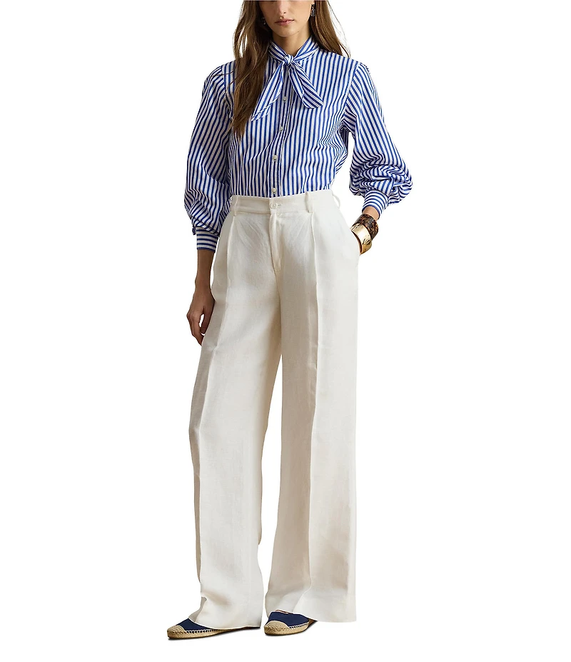 Lauren Ralph Lauren Woven Stripe Self-Tie Collar Long Sleeve Button Front Shirt