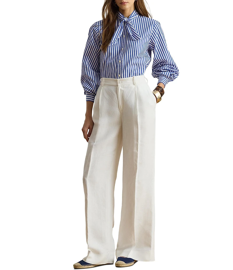 Lauren Ralph Lauren Woven Stripe Self-Tie Collar Long Sleeve Button Front Shirt