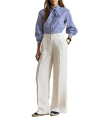 Lauren Ralph Lauren Woven Stripe Self-Tie Collar Long Sleeve Button Front Shirt