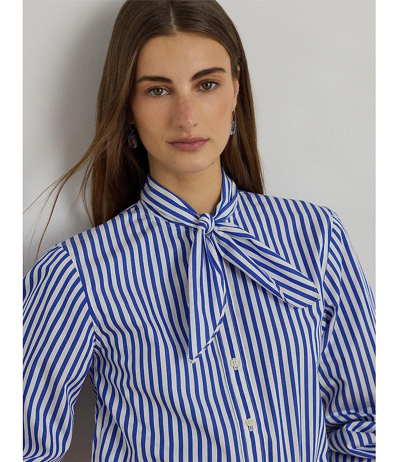 Lauren Ralph Lauren Woven Stripe Self-Tie Collar Long Sleeve Button Front Shirt