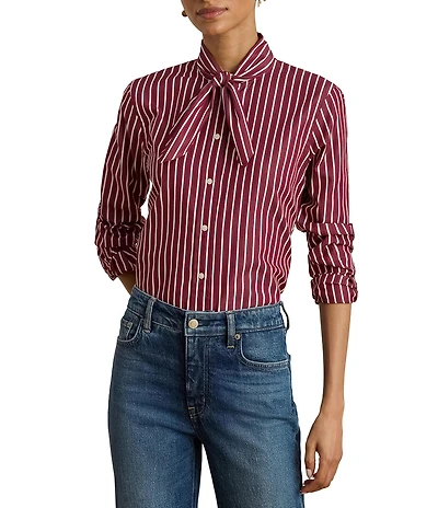Lauren Ralph Lauren Woven Striped Banded Collar Tie Neck Long Sleeve Shirt
