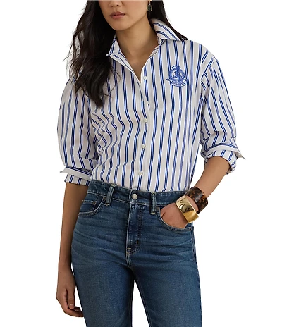 Lauren Ralph Lauren Woven Striped Point Collar Long Sleeve Shirt