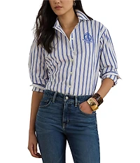 Lauren Ralph Lauren Woven Striped Point Collar Long Sleeve Shirt