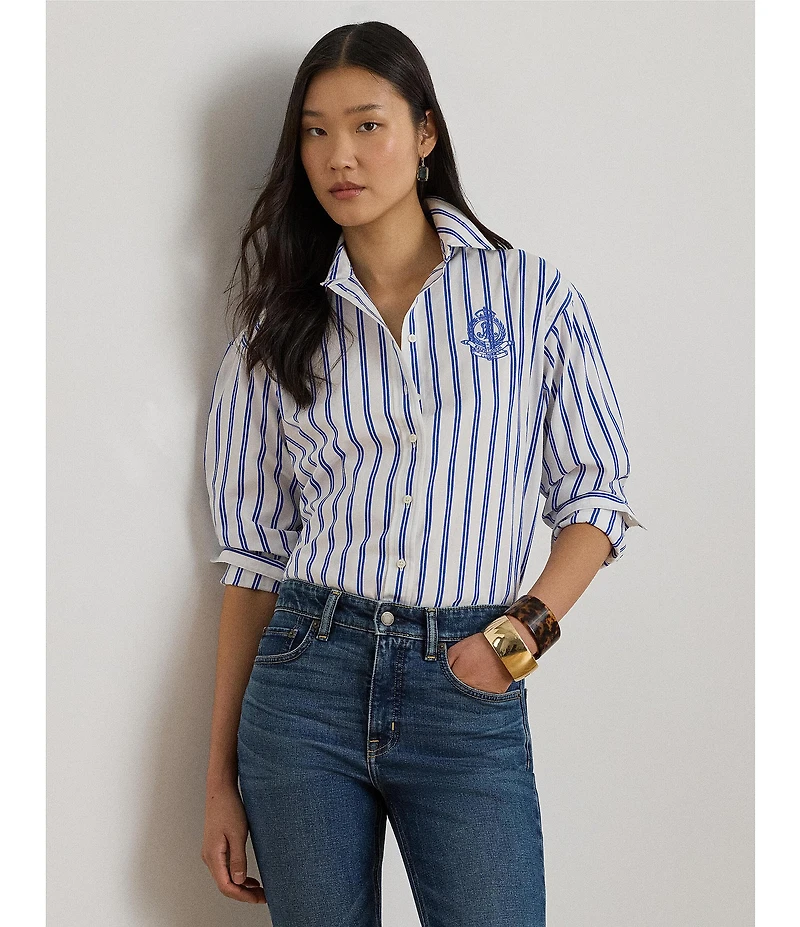 Lauren Ralph Lauren Woven Striped Point Collar Long Sleeve Shirt