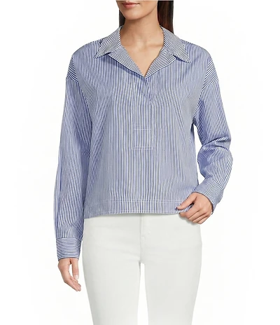 Lauren Ralph Lauren Woven Striped Spread Collar Long Sleeve Cropped Shirt