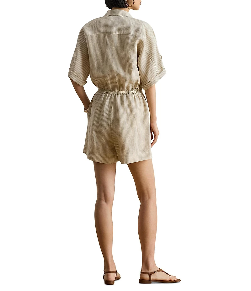 Lauren Ralph Lauren Woven Striped Spread Collar Short Sleeve Romper