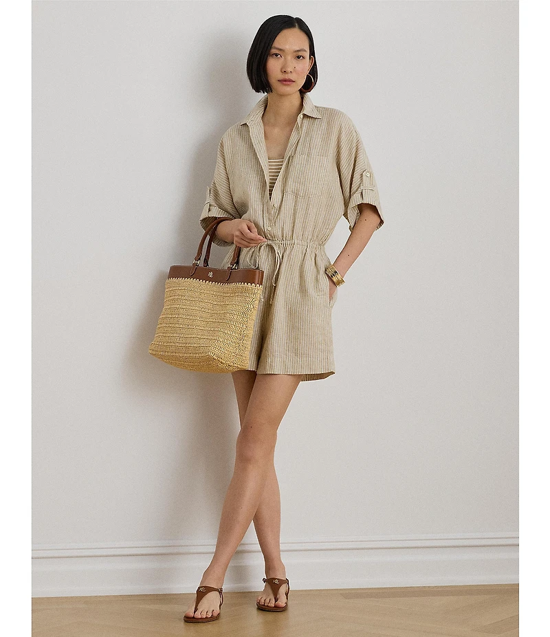 Lauren Ralph Lauren Woven Striped Spread Collar Short Sleeve Romper