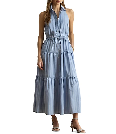 Lauren Ralph Lauren Woven Striped Spread Collar Sleeveless Midi Dress