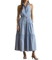 Lauren Ralph Lauren Woven Striped Spread Collar Sleeveless Midi Dress