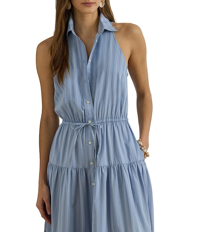 Lauren Ralph Lauren Woven Striped Spread Collar Sleeveless Midi Dress