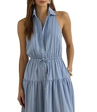 Lauren Ralph Lauren Woven Striped Spread Collar Sleeveless Midi Dress