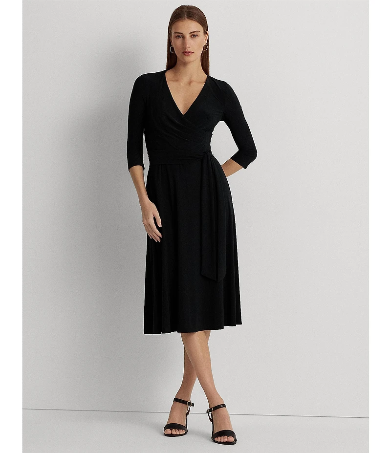 Lauren Ralph Lauren Wrap Front V-Neck 3/4 Sleeve Jersey Machine Washable Midi Dress