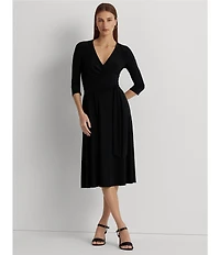 Lauren Ralph Lauren Wrap Front V-Neck 3/4 Sleeve Jersey Machine Washable Midi Dress