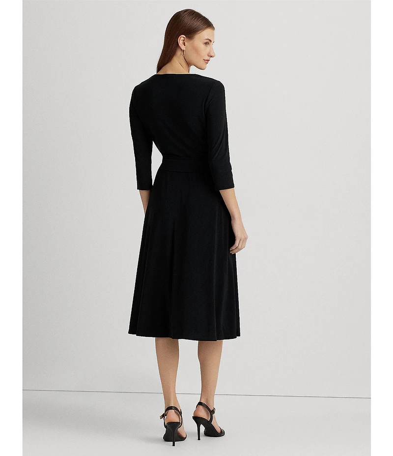 Lauren Ralph Lauren Wrap Front V-Neck 3/4 Sleeve Jersey Machine Washable Midi Dress