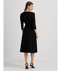 Lauren Ralph Lauren Wrap Front V-Neck 3/4 Sleeve Jersey Machine Washable Midi Dress
