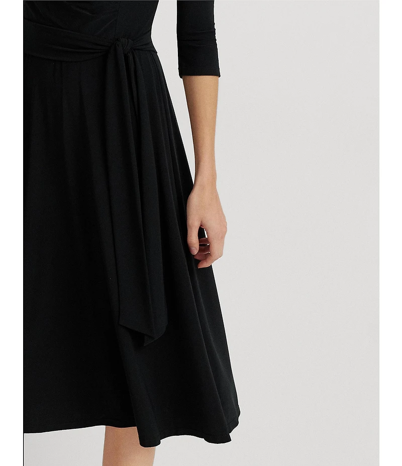 Lauren Ralph Lauren Wrap Front V-Neck 3/4 Sleeve Jersey Machine Washable Midi Dress